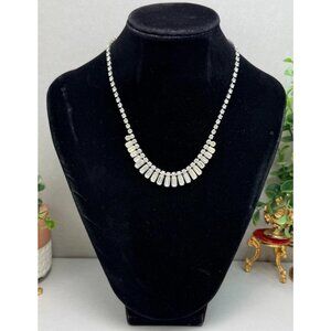 Vintage Weiss Rhinestone Baguette Statement Necklace Silver Tone